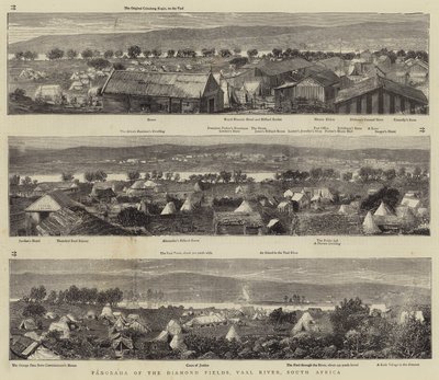 Panorama dos Campos Diamantíferos, Rio Vaal, África do Sul (gravura) de English School