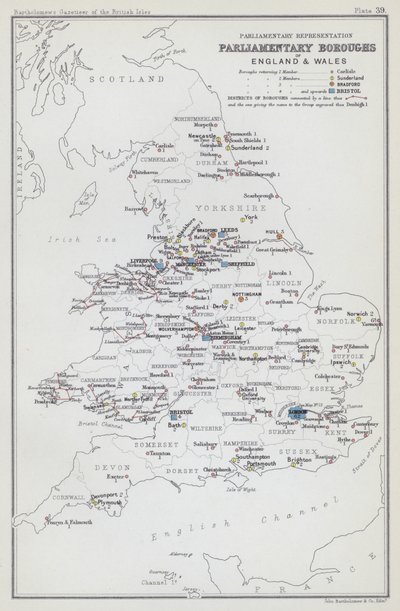 Representação parlamentar, freguesias parlamentares de Inglaterra e do País de Gales (litografia a cores) de English School