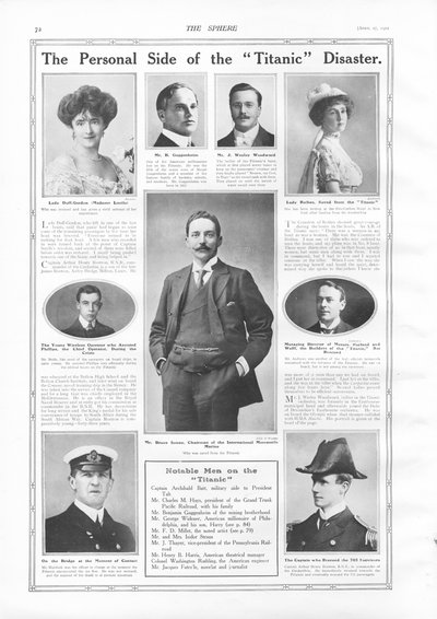 Passageiros no RMS Titanic, fotografias e informações sobre pessoas notáveis ligadas ao Titanic, de The Sphere, 27 de abril de 1912 de English School