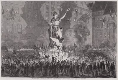 Celebrações da paz perante a estátua da Germânia na praça do mercado de Leipzig, Alemanha, na noite de 5 de Março de 1870 (gravura) de English School