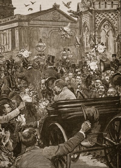"Paz com honra", receção de Lord Beaconsfield e Lord Salisbury em Charing Cross, ilustração da "Cassell