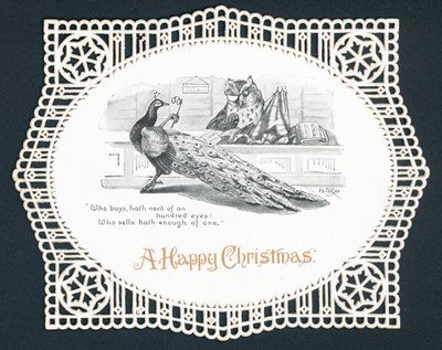 Pavão e coruja na loja, cartão de Natal de English School