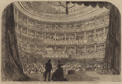 Actuação perante Sua Majestade no Teatro do Palácio de St Cloud (gravura) de English School