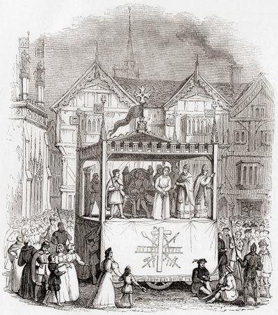 Representação de uma peça da paixão do século XV - O Julgamento e Crucificação de Cristo - pela Companhia Smith de Coventry, da Velha Inglaterra: A Pictorial Museum, pub. 1847 de English School