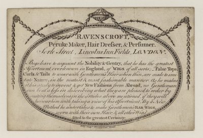Fabricante de Peruke, Ravenscroft, cartão de comércio de English School