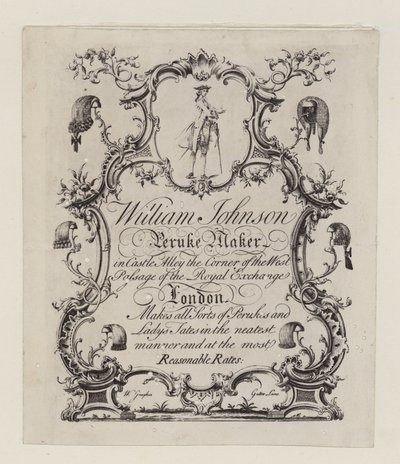 Fabricante de Peruke, William Johnson, cartão de comércio de English School