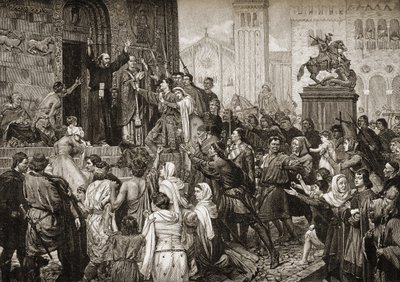 Pedro, o Eremita (1050-1115) pregando durante a Primeira Cruzada em 1095 de English School