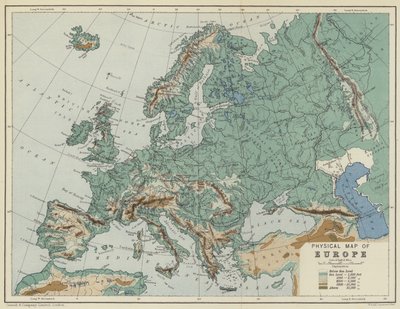 Mapa físico da Europa (litografia a cores) de English School