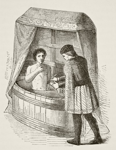 Médico sangrando um paciente no século 15, de "A História Nacional e Doméstica da Inglaterra", de William Hickman Smith Aubrey (1858-1916), publicado em Londres, c.1890 de English School