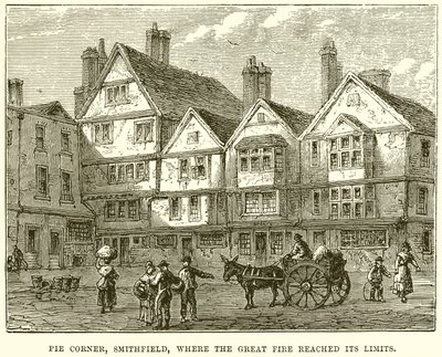Pie Corner, Smithfield, onde o Grande Incêndio atingiu seus limites de English School