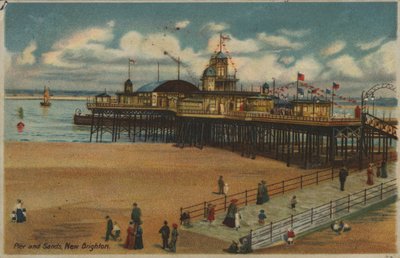Cais e areias, New Brighton, Merseyside (lito a cores) de English School