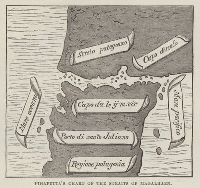 Gráfico de Pigafetta do Estreito de Magalhães (gravura) de English School