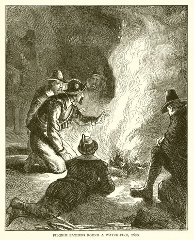 Padres de peregrinos ronda um relógio-fogo, 1620 de English School