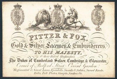 Pitter & Fox, rendas e bordadeiras de ouro e prata, cartão de comércio de English School