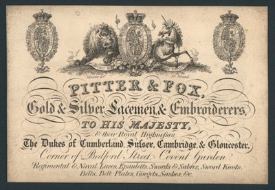 Pitter e Fox, Ouro e Prata Laceman e Bordadeiras, Bedford Street, Covent Garden, cartão de comércio de English School