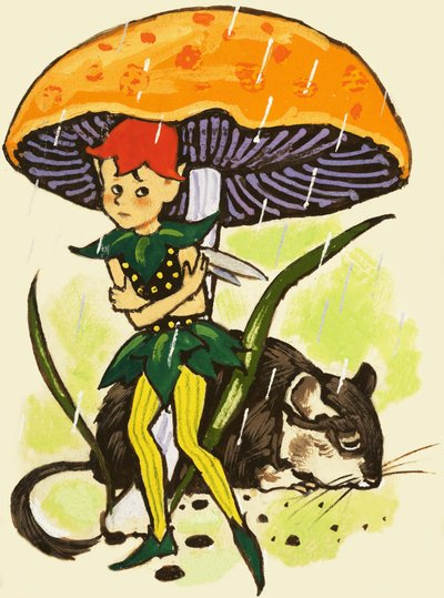 Pixie debaixo de um cogumelo de English School