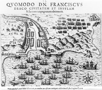 Plano mostrando como Francis Drake (c.1540-96) invadiu e segurou a ilha de San Jacob de English School