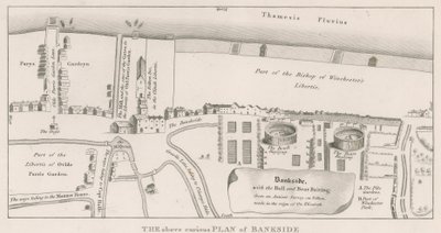 Plano de Bankside no rio Tâmisa baseado em uma pesquisa antiga feita no reino da rainha Elizabeth, mostrando o Bull and Bear Baiting de English School