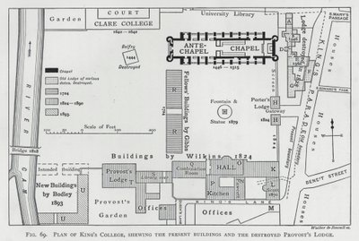 Plano do King "s College, mostrando os edifícios atuais e a destruída Provost" s Lodge de English School