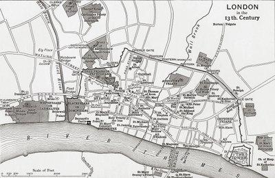 Plano de Londres no século XIII, de "Uma Breve História do Povo Inglês", de JR Green, publicado em 1893 de English School
