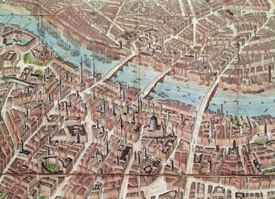 Plano de Londres olhando para Southwark (gravura colorida à mão) de English School