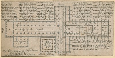 Plano de St Pauls Cathedral, Londres antes do grande incêndio de Londres (tinta no papel) de English School