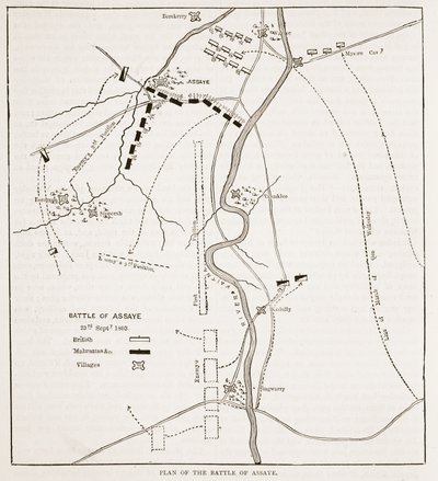 Plano da batalha de Assaye, ilustração da história ilustrada de Cassells da Índia por James Grant, bar. 1879 de English School