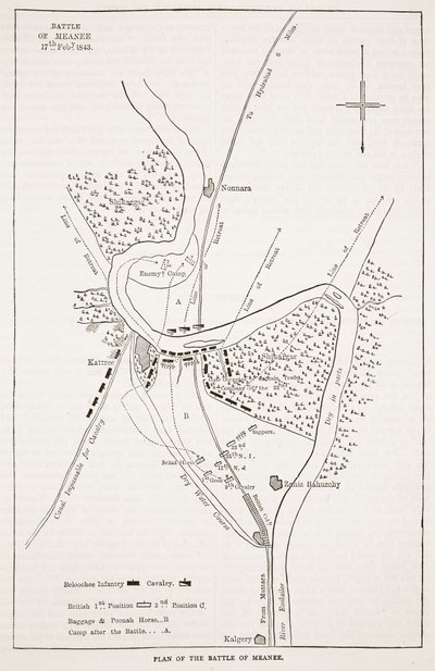 Plano da Batalha de Meanee, ilustração da História Ilustrada de Cassells da Inglaterra de English School