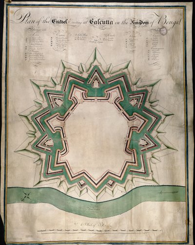Plano da Cidadela de Calcutá e Fort William, o Armazém Fortificado da Companhia das Índias Orientais, c.1750 (caneta & tinta & aguarela sobre papel) de English School