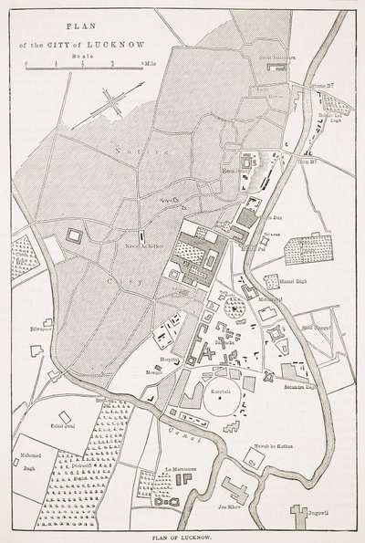 Plano da cidade de Lucknow, da história ilustrada de Cassells da Inglaterra de English School