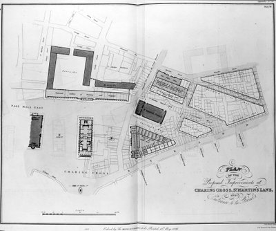 Plano das melhorias propostas em Charing Cross, na St. Martins Lane e na Entrance to the Strand, englobadas por James Basire, 1826 de English School
