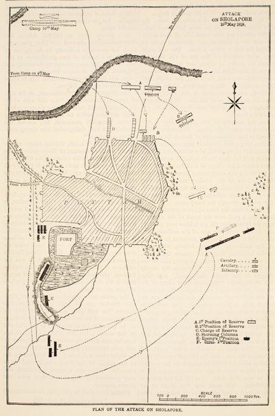 Plano do ataque a Sholapore, ilustração da história ilustrada de Cassells da Índia por James Grant, bar. 1879 de English School
