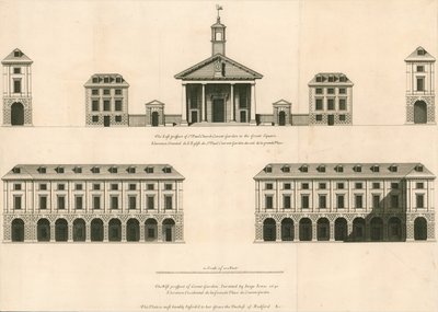 Plano da perspectiva do leste da igreja de St Pauls, Covent Garden e prospecto ocidental do Covent Garden de English School