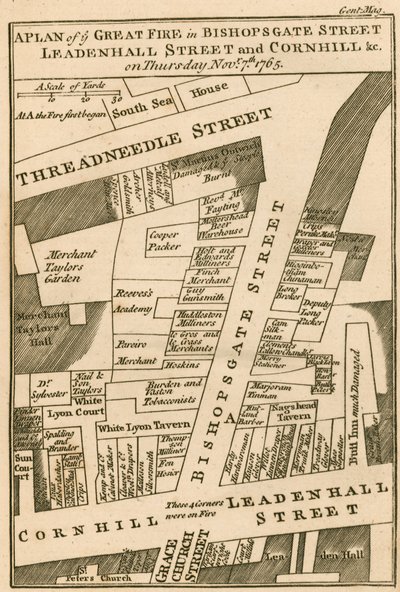 Plano do incêndio em Bishopsgate Street, Cornhill e Leadenhall Street, Londres, que começou em 7 de novembro de 1765 de English School