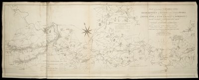 Plano do canal navegável proposto entre o rio Kennet em Newbury em Berks e o rio Avon em Somerset : por meio do qual uma comunicação navegável será aberta entre ..London e Bristol [também] Wilts & Berks & Somerset Coal Canals / Surveyed... por John Rennie de English School
