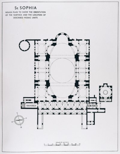 Plano para mostrar a orientação do narthex e unidades de mosaico descritas, de The Mosaics of Haghia Sophia em Istambul por Thomas Whittemore de English School