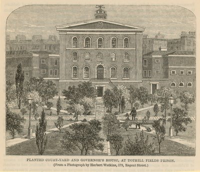 Pátio de plantação plantado e Casa dos Governadores na Prisão de Tothill Fields de English School