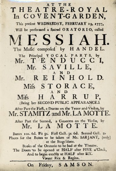 Playbill anunciando uma performance do Oratório de Handel, "Messias" em 1777 (papel impresso) de English School