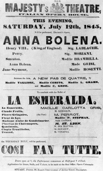 Playbill para o teatro de sua majestade, ópera italiana, 1845 (papel impresso) de English School