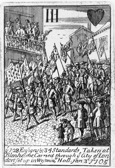 Cartas de baralho que retratam as Bandeiras e Normas Adotadas em Blenheim, sendo transportadas pela Cidade de Londres, em 3 de janeiro de 1705 de English School