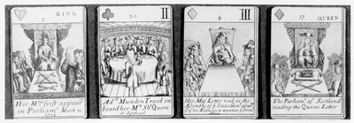 Cartas de jogar descrevendo eventos no início do reinado da rainha Anne, de um conjunto comemorativo da Guerra da Sucessão Espanhola (1702-13) de English School