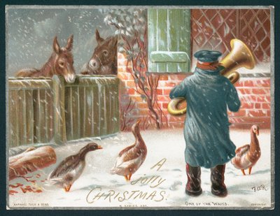 Jogando o trombone na neve, cartão de Natal de English School