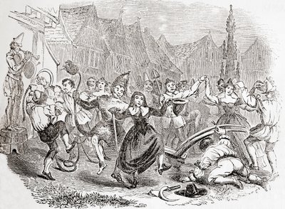 Celebrações de Plough Monday, a dança de Bessie e o Palhaço, da Velha Inglaterra: A Pictorial Museum, pub. 1847 de English School