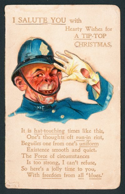 Policial saudando, cartão de Natal de English School