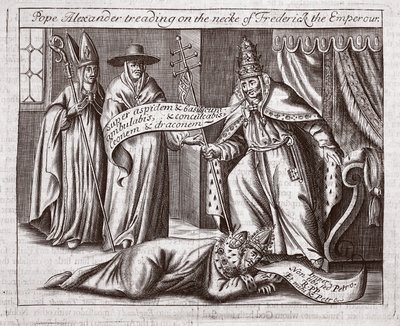 Papa Alexandre pisando no pescoço do Imperador Frederico, ilustração de Atos e Monumentos de John Foxe, nona edição, pub. 1684 de English School