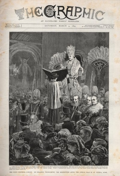 Papa Leão XIII (Leão XIII) O Jubileu Episcopal do Papa, Sua Santidade pronunciando a Bênção após a Missa Jubilar em São Pedro, Roma - Ilustração para o Gráfico, 4 de março de 1893. de English School