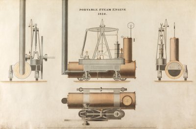 Motor a vapor portátil, projetado por Maudsley, Sons & Field, 1828 (caneta e tinta e wc no papel) de English School