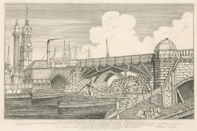 Porção da antiga ponte de Londres, desenhada em 1827 durante as obras de construção de English School