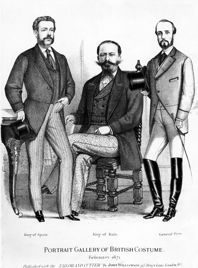 Galeria de retratos do traje britânico, apresentando os reis da Espanha e Itália e General Prim, publicado com o alfaiate e o cortador, 1871 de English School