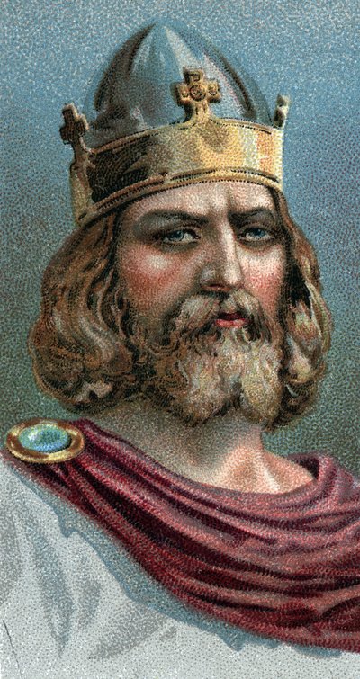 Retrato de Alfredo o Grande (Alfredo o Grande, 849-899), Rei de Wessex, 800s D.C. - Da série "Líderes dos Homens" - Cromolitografia - Escola Inglesa, século XX - de English School